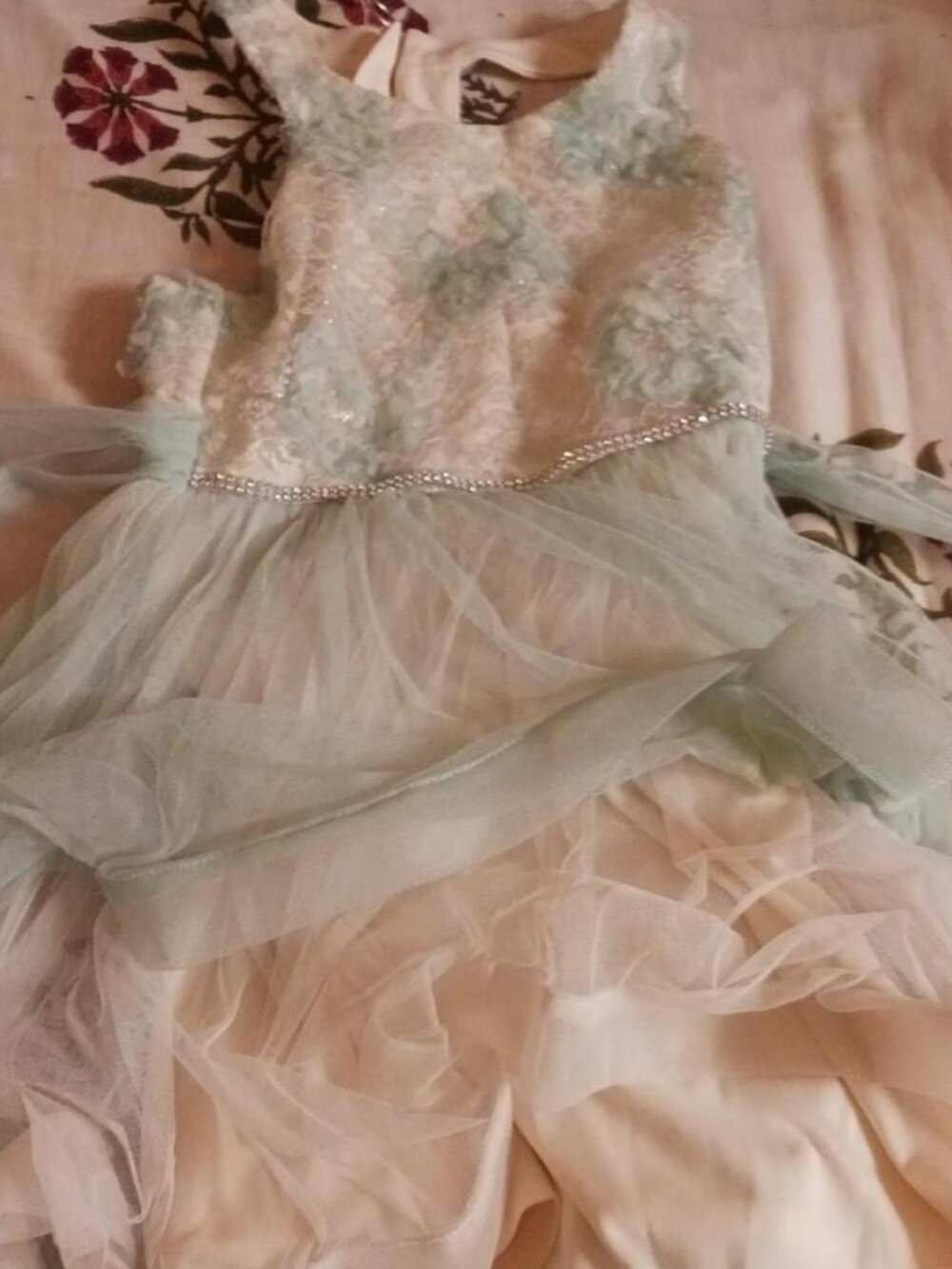 teal and white flower dress with diamond studded belt
